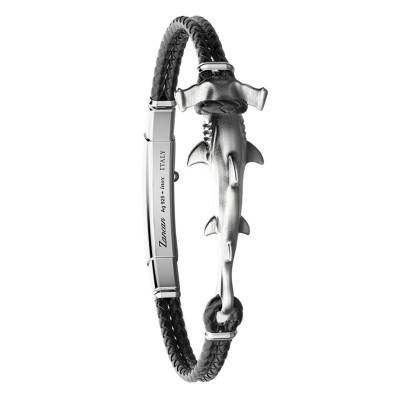 Black Leather & 925 Silver Vintage Shark Bracelet, Length 19 cm to 21 cm - EXB949_BLACK - Zancan