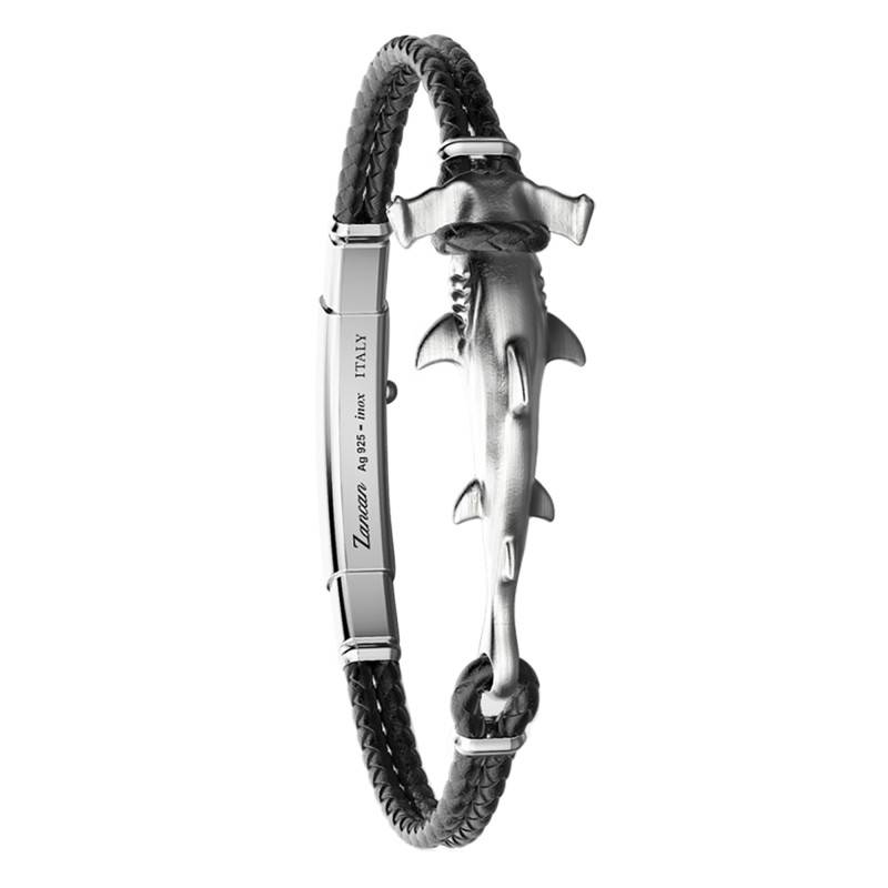 Black Leather & 925 Silver Vintage Shark Bracelet, Length 19 cm to 21 cm - EXB949_BLACK - Zancan