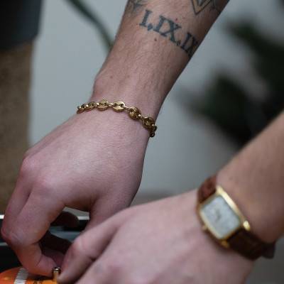 Gold Steel Coffee Bean Chain Lotus Style Urban Man Bracelet, Length 21.2 cm - LS2140-2/2 - Lotus