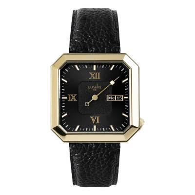 Marie 12H Gold & Black Grained Black Leather Watch 34mm - Gustave & Cie
