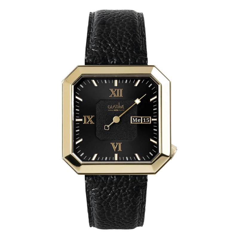 Marie 12H Gold & Black Grained Black Leather Watch 34mm - Gustave & Cie