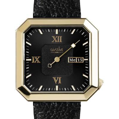 Marie 12H Gold & Black Grained Black Leather Watch 34mm - Gustave & Cie