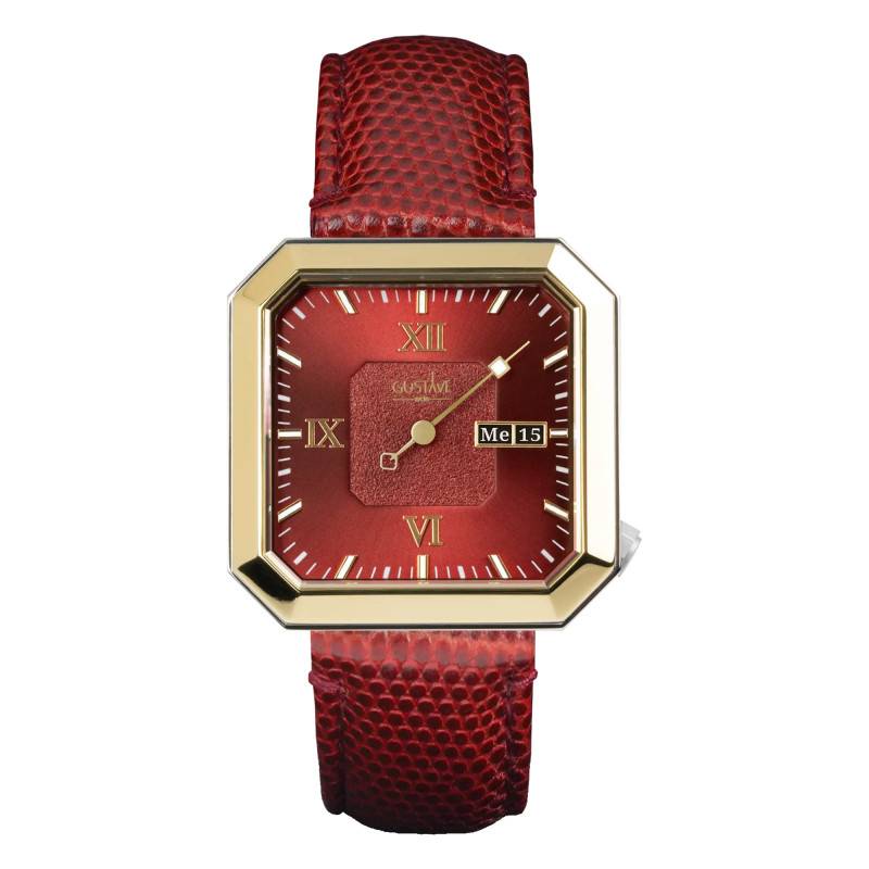 Marie 12H Silver/Gold & Garnet Red Lizard Leather Watch 34mm - Gustave & Cie