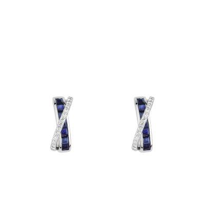 White 375/1000 Gold, Cubic Zirconia & Sapphire Crossover Hoop Earrings - Emanessence