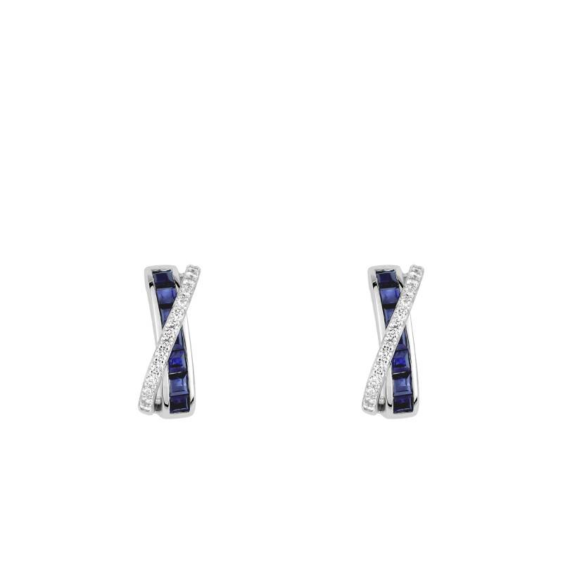 White 375/1000 Gold, Cubic Zirconia & Sapphire Crossover Hoop Earrings - Emanessence