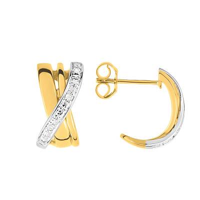 750 Two-Tone Gold Crossed Hoop Earrings & Diamonds 0.03 ct - Emanessence