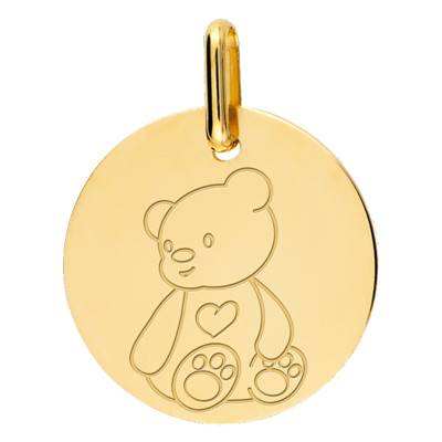 750 Yellow Gold Teddy Bear Medal, Diameter 16 mm - Lucas Lucor