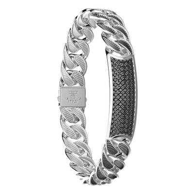 Bracelet Cubane Cubaine Striée Spinelles Noirs & Argent 925, Longueur 19 cm à 21 cm - Largeur 13,00 mm - ESB052 - Zancan