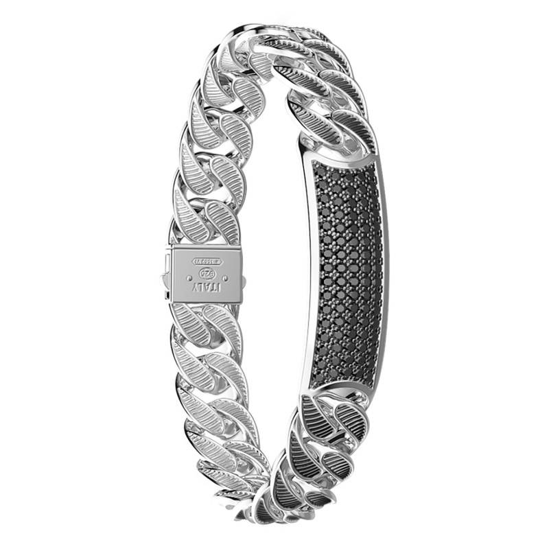 925 Silver & Black Spinel Striped Cuban Bracelet, 19 cm to 21 cm Length, 13 mm Width - ESB052 - Zancan