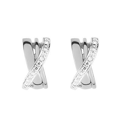750/1000 White Gold & Diamond Crossed Hoop Earrings 0.03 ct - Emanessence