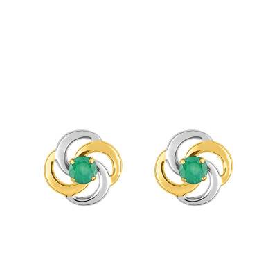 375 or 750 Two-Tone Gold Flower Stud Earrings & Emerald - Emanessence