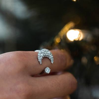 Bague Ouverte Luna Métal Rhodié & Cristaux Blancs - Swarovski