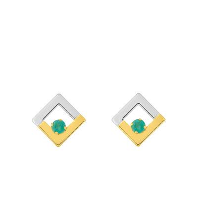 375 or 750 Two-Tone Gold Diamond-Shape Stud Earrings & Emeralds - Emanessence