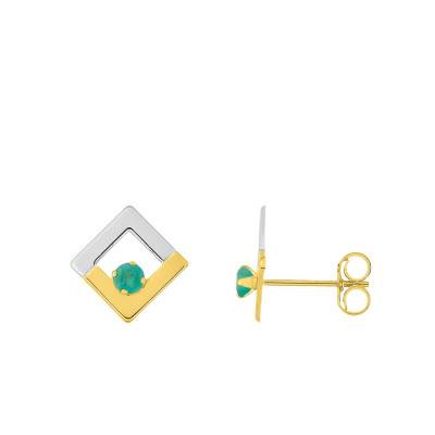 375 or 750 Two-Tone Gold Diamond-Shape Stud Earrings & Emeralds - Emanessence