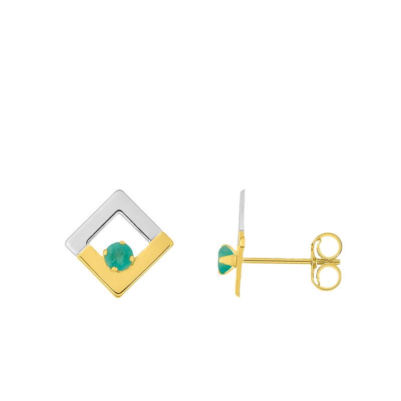 375 or 750 Two-Tone Gold Diamond-Shape Stud Earrings & Emeralds - Emanessence