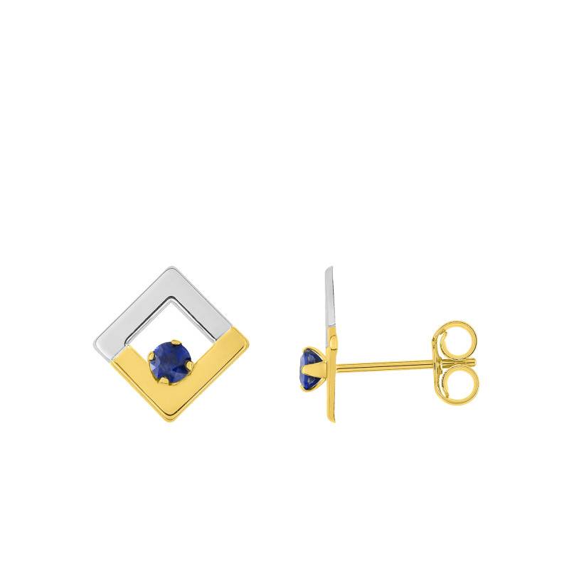 375 or 750 Two-Tone Gold Diamond-Shape Stud Earrings & Sapphire - Emanessence - Emanessence