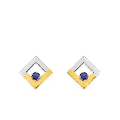 375 or 750 Two-Tone Gold Diamond-Shape Stud Earrings & Sapphire - Emanessence - Emanessence