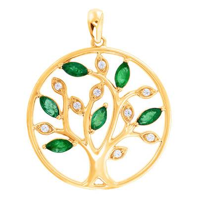 375 or 750/1000 Yellow Gold Tree Pendant with Diamonds & Emeralds, 20 mm Diameter - Aurora