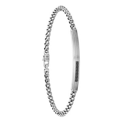 Bracelet Insignia 925 Plaque Striée en Argent 925 & Spinelles Noirs, Longueur 21 cm - EXB955 - Zancan