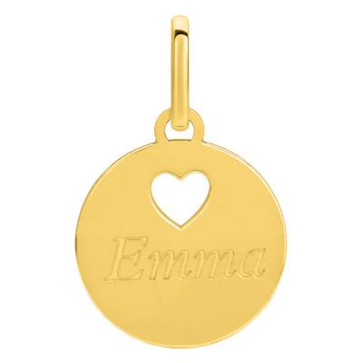 Pendentif jeton coeur personnalisable, Or Jaune 375 ou 750, Diamètre 12 mm - Emanessence