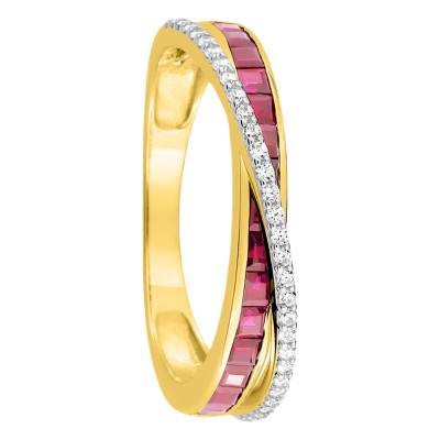 Bague Croisée Or Jaune 375, Rubis, Oxydes de Zirconium - Emanessence