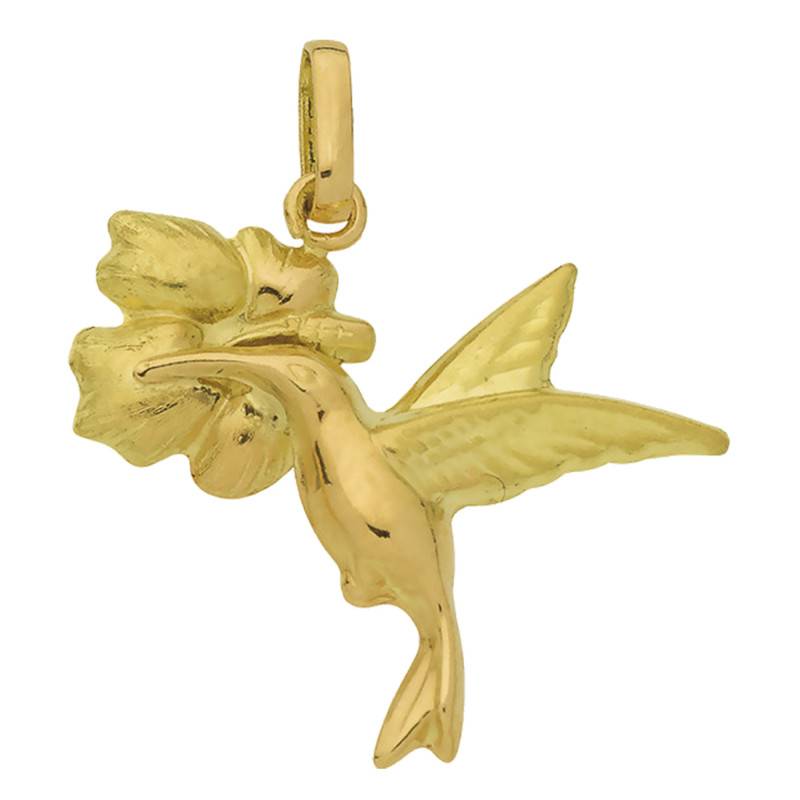 Yellow Gold Hummingbird and Hibiscus Pendant - Rosatella