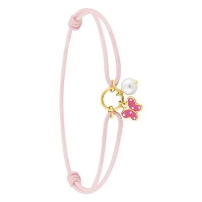 Bracelet Cordon Papillon Rose & Perle, Or Jaune 375, Largeur 1,10 mm - Bambins