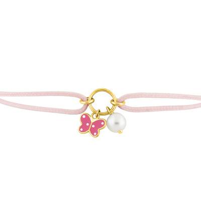 375/1000 Yellow Gold Pink Butterfly & Pearl Cord Baby ID Bracelet, Width 1.10 mm - Bambins