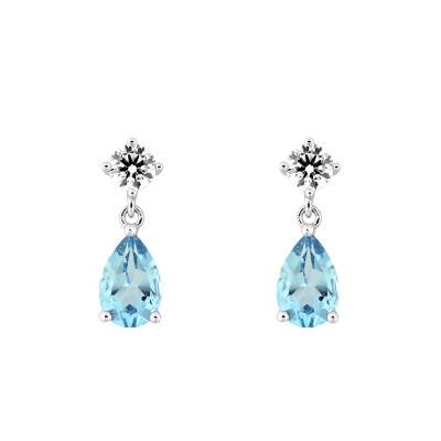 Boucles d'oreilles Or Blanc 375, Topaze Bleue & Oxyde de Zirconium - Aurora