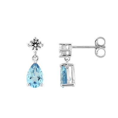Boucles d'oreilles Or Blanc 375, Topaze Bleue & Oxyde de Zirconium - Aurora