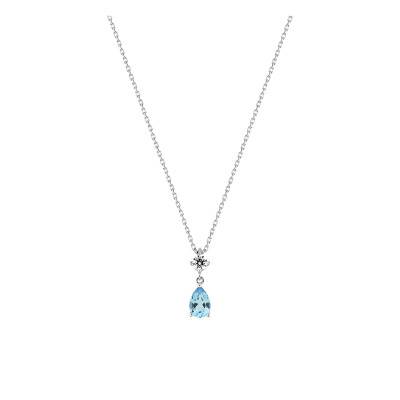 Collier Or Blanc 375, Topaze Bleue & Oxyde de Zirconium, Longueur 40 à 42 cm - Aurora