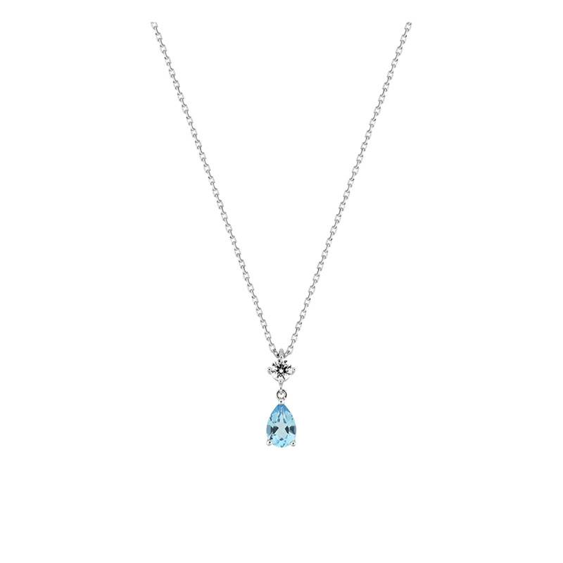 375/1000 White Gold, Cubic Zirconia & Blue Topaz Necklace, Length 40 cm to 42 cm - Aurora