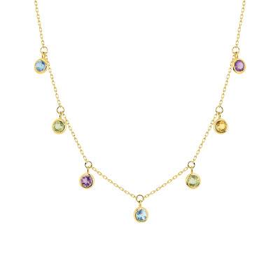 375/1000 Yellow Gold & Round Colored Stone Dangle Necklace, Length 40 cm to 42 cm - Aurora