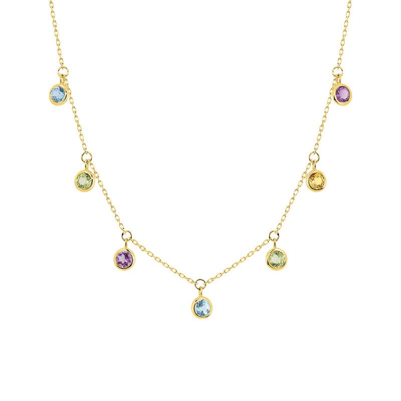 375/1000 Yellow Gold & Round Colored Stone Dangle Necklace, Length 40 cm to 42 cm - Aurora