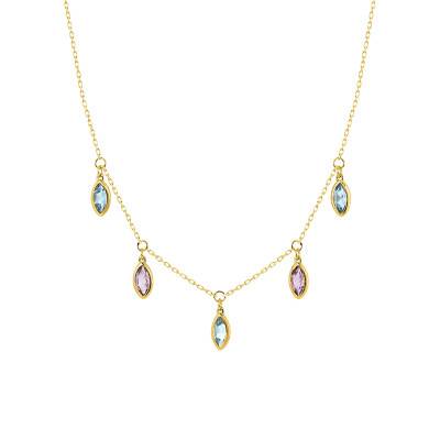 375/1000 Yellow Gold, Blue Topaz & Amethyst Dangle Pendant Necklace, Length 40 cm to 42 cm - Aurora