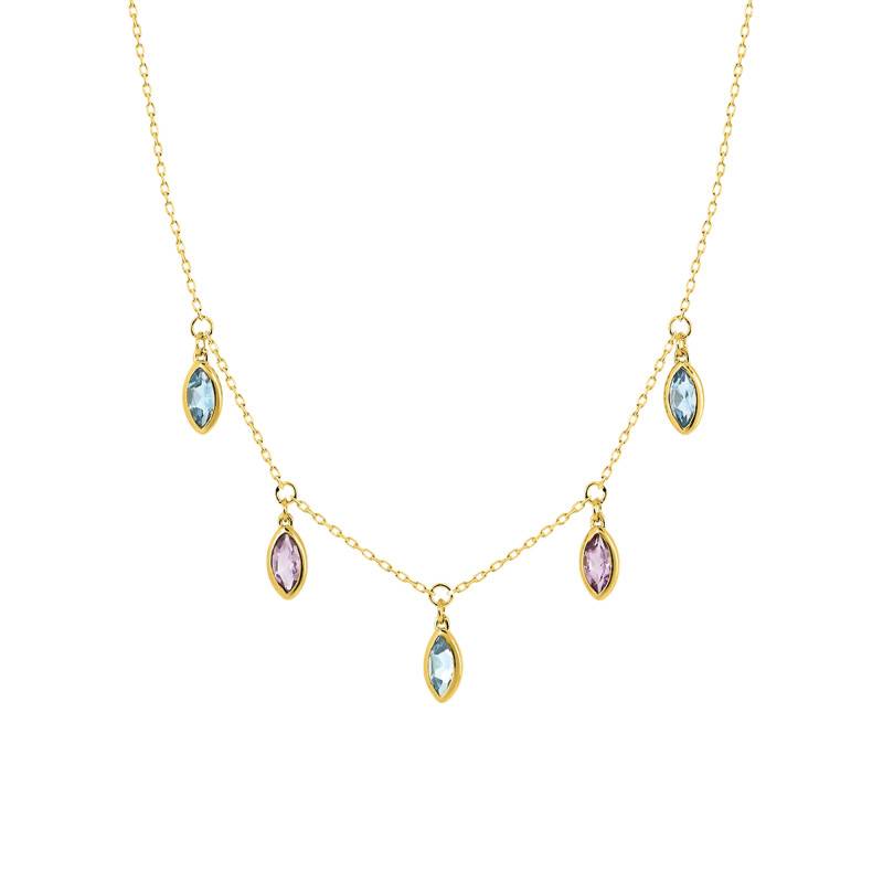 375/1000 Yellow Gold, Blue Topaz & Amethyst Dangle Pendant Necklace, Length 40 cm to 42 cm - Aurora