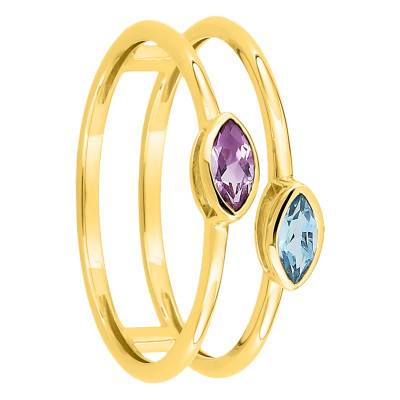 Bague Double Anneau Topaze Bleue & Améthyste en Or Jaune 375 - Aurora