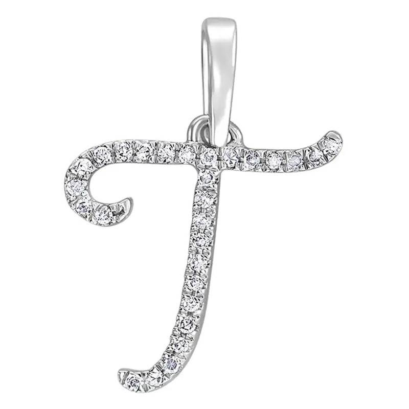 750/1000 White Gold & Diamond Letter T Pendant - Allegoria