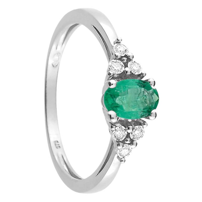 750/1000 White Gold Diamond-Shouldered Solitaire Ring, 0.048 ct Diamonds & 0.42 ct Oval Emerald - Aurora
