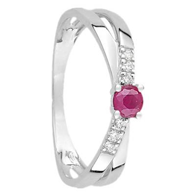 750/1000 White Gold Solitaire Ring with Ruby & Zirconia, Crossover Band - Aurora