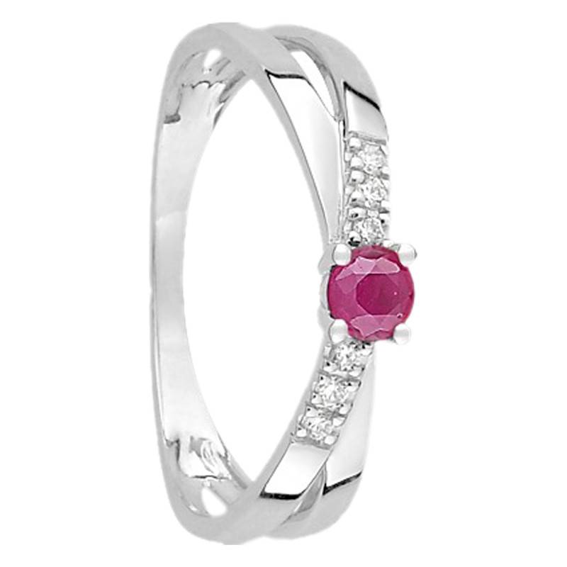 750/1000 White Gold Solitaire Ring with Ruby & Zirconia, Crossover Band - Aurora