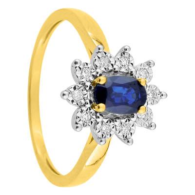 750/1000 Two-Tone Gold Oval Flower Ring with 0.56 ct Sapphire & 0.06 ct Diamond Halo - Aurora
