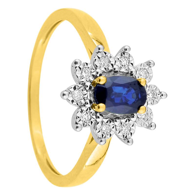 750/1000 Two-Tone Gold Oval Flower Ring with 0.56 ct Sapphire & 0.06 ct Diamond Halo - Aurora