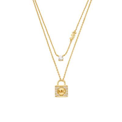Kors MK Padlock 925 Silver Yellow Gold-Plated & Cubic Zirconia Necklace, Length 34,30 cm to 39,30 cm - Michael Kors