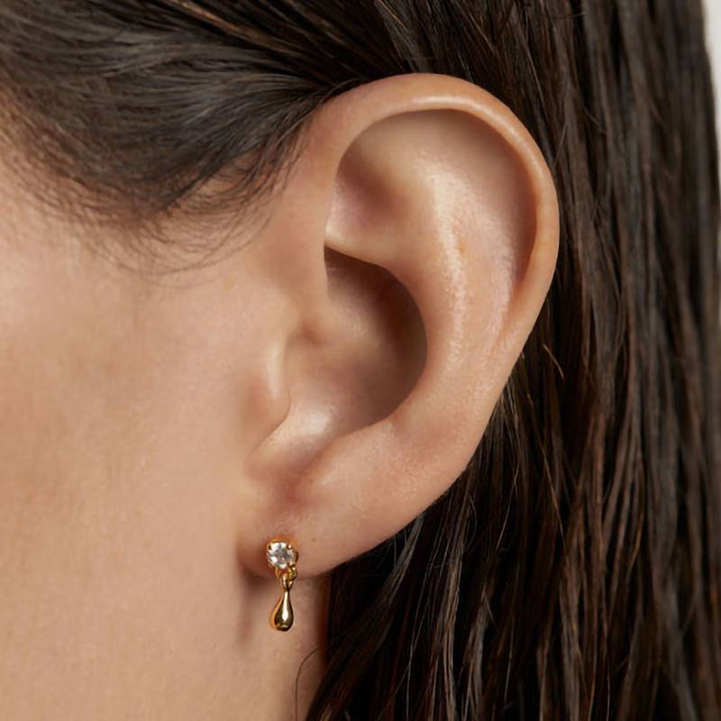 Boucles D'Oreilles Pendantes En Plaqué Or Avec Pierre Transparente - Fermoir Dormeuse - Occasion