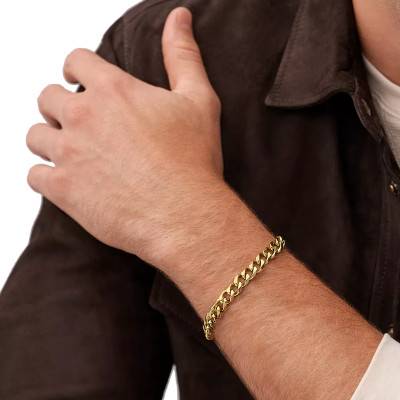 Gold-Plated Steel Bold Curb Chain Bracelet, Length 16.50 cm to 21.50 cm, Width 8.70 mm - Fossil