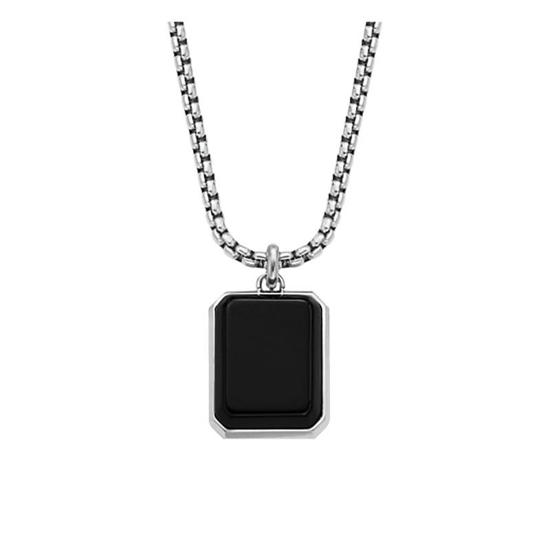 All Stacked Up Steel & Black Agate Octagonal Plate Necklace, Length 50 cm to 55 cm - Fossil