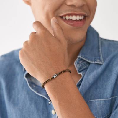 Bracelet Perles Oeil de Tigre & Acier, Longueur 25 cm - Fossil
