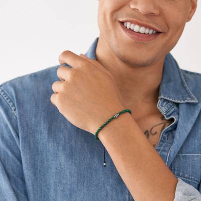 Stainless Steel & Green Malachite Bead Bracelet, 25 cm - Fossil