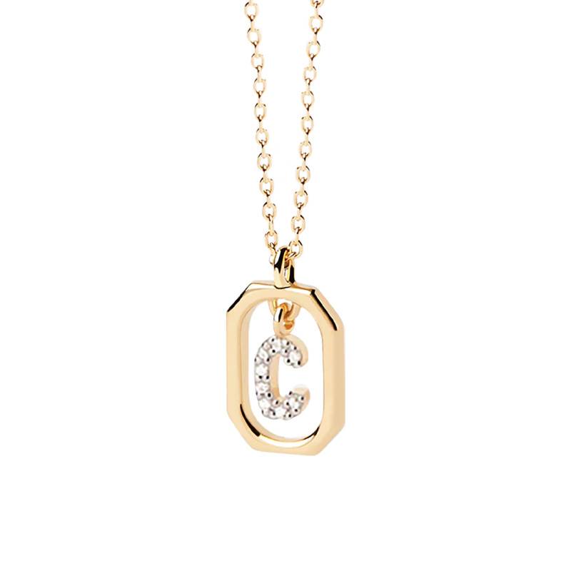 925 Silver 750 Yellow Gold-Plated A-to-Z Letter Necklace with White Zirconia, Length 40 cm to 50 cm - CO01-512-U - Pdpaola